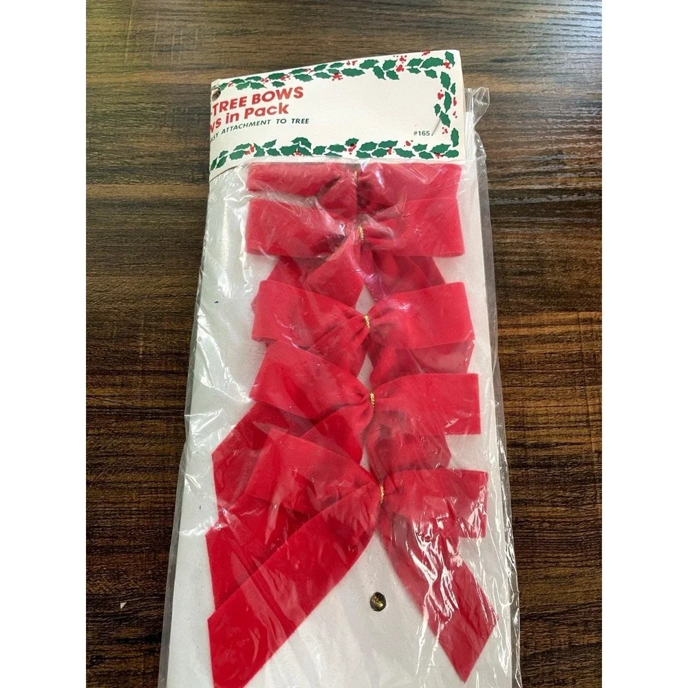 Vintage Christmas Lot Tinsel Garland Metallic Stretch Cord Ribbon Red Tree Bows
